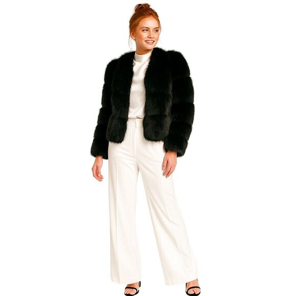 Black Faux Fur Tailored Jacket M Size 6 Lightweight Soft Short Elegant Coat New - Picture 1 of 14